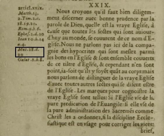 1561 Belgic Confession with proof-text referring to the Great Commission in Matthew 28:18-20.