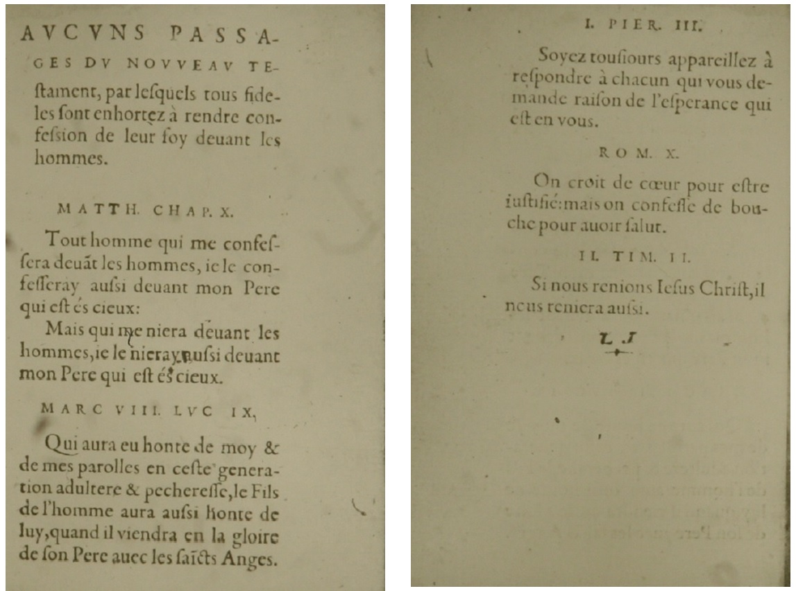 Early printings of the Belgic Confession included this page of Scripture passage encouraging believers to profess their faith before men.